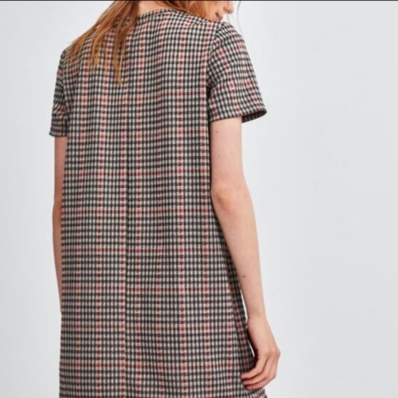 Zara Houndstooth Trafaluc Brown Black Red SHIFT Dress Size Small Polyester - Picture 4 of 16